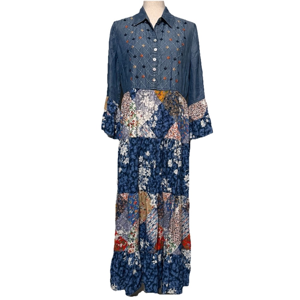 John Mark Patchwork Tiered Button-Front Floral Midi Dress Small Boho Cottagecore